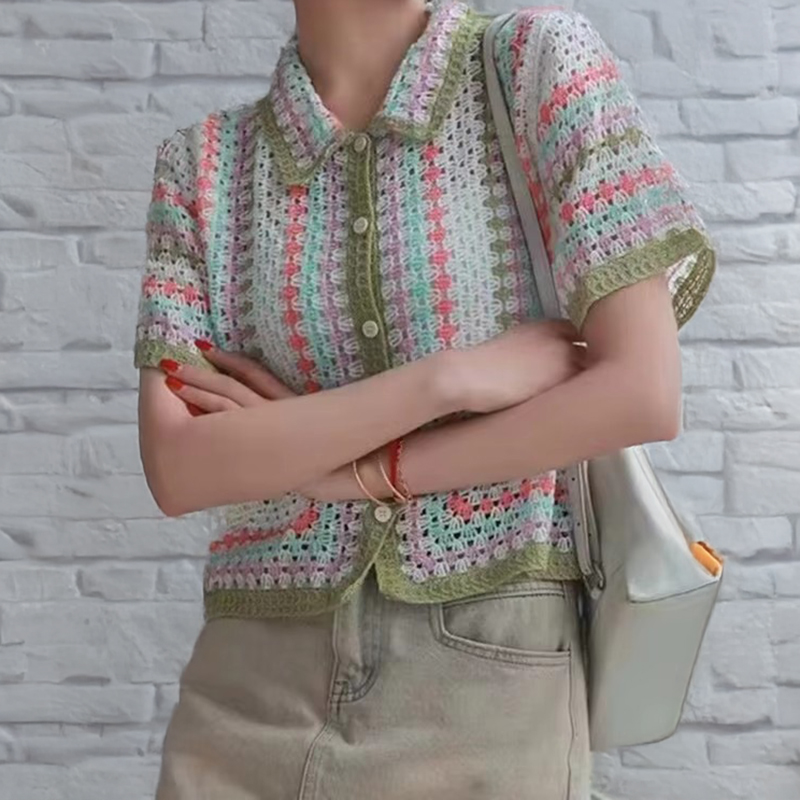 Summer Clothing Line - قميص كروشيه بأزرار للنساء، بلوزة بأكمام