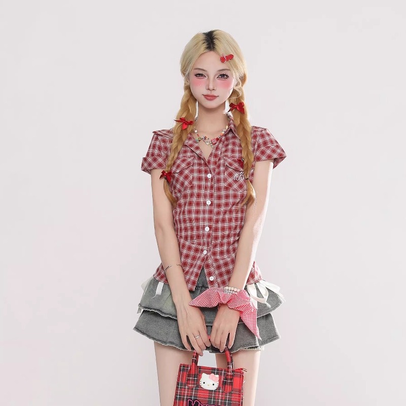 Summer Grunge Clothing - قميص هاراجوكو عتيق بنمط قوطي مربعات