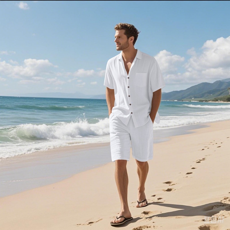 Linen Shorts Men - طقم قميص وشورت رجالي من مزيج