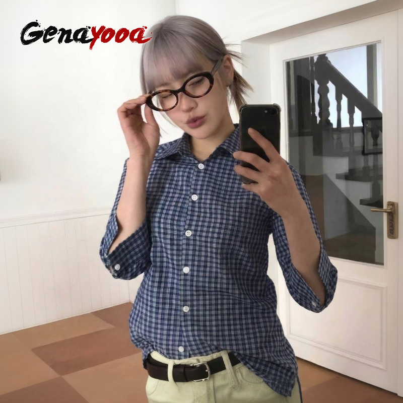 Summer Grunge Clothing - Genayooa Y2k قميص منقوش المرأة ثلاثة
