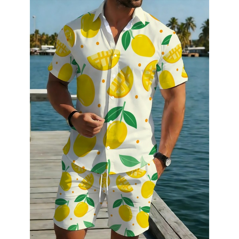 Linen Shorts Men - طقم قميص كتان مطبوع بأكمام قصيرة