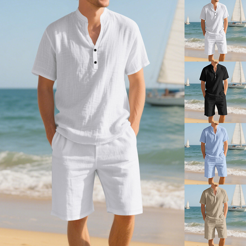 Linen Shorts Men - طقم رجالي صيفي من قطعتين: قميص