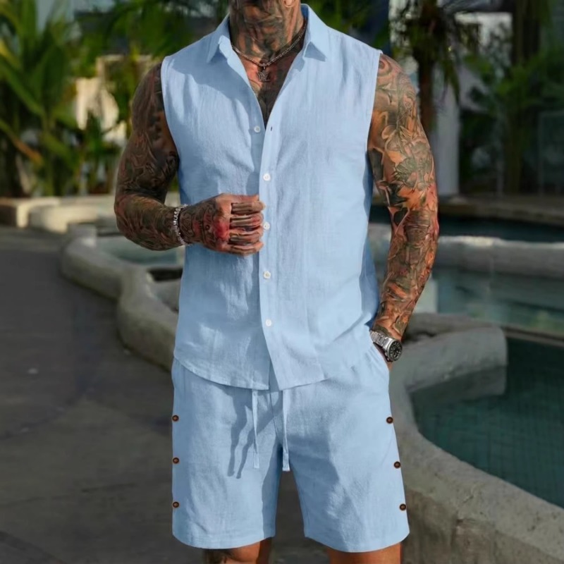 طقم رجالي من قطعتين بنسيج كتان - مراجعة Linen Shorts Men وسعره