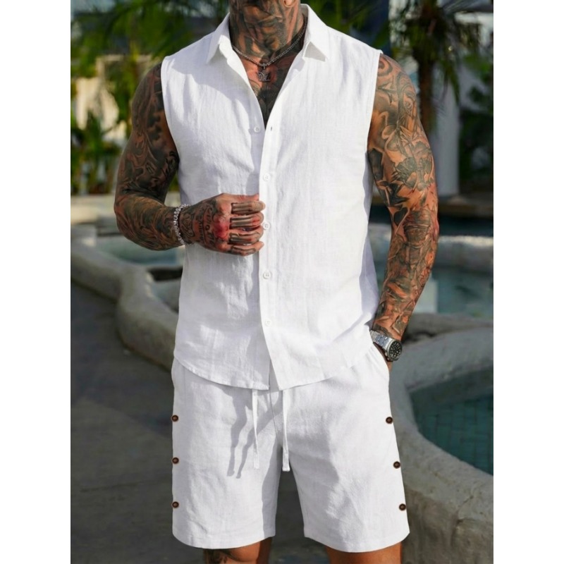 طقم رجالي من قطعتين بنسيج كتان - مراجعة Linen Shorts Men وسعره