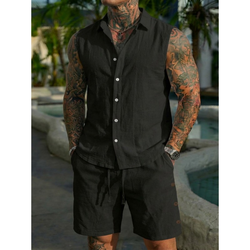 طقم رجالي من قطعتين بنسيج كتان - مراجعة Linen Shorts Men وسعره