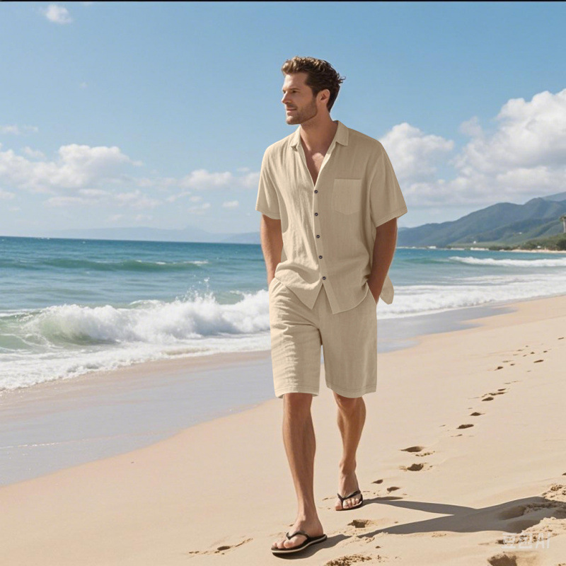 طقم قميص وشورت رجالي من مزيج ا - مراجعة Linen Shorts Men وسعره