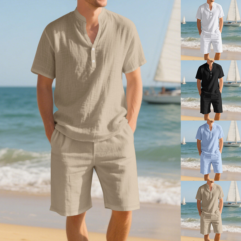 طقم رجالي صيفي من قطعتين: قميص - مراجعة Linen Shorts Men وسعره