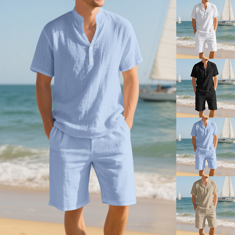 طقم رجالي صيفي من قطعتين: قميص - مراجعة Linen Shorts Men وسعره