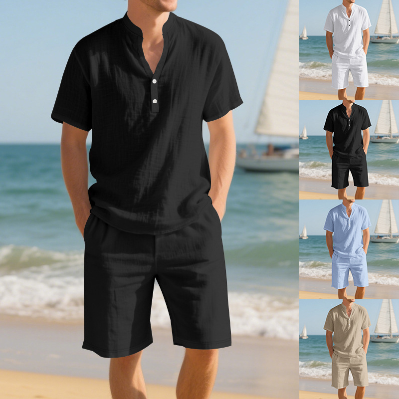 طقم رجالي صيفي من قطعتين: قميص - مراجعة Linen Shorts Men وسعره